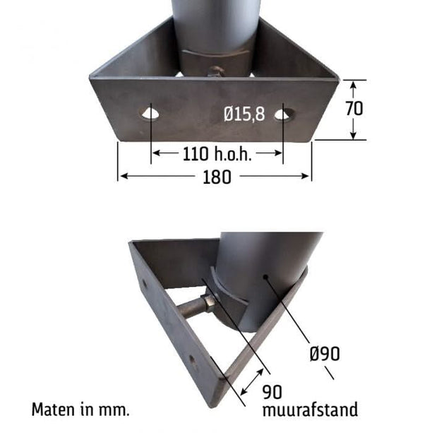 AlarmsysteemExpert.nl Cameramast 2 meter Ø 90mm met RVS muurbeugels