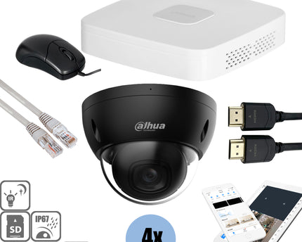 Dahua Black kit 4x Dome 4MP + Recorder & Bekabeling