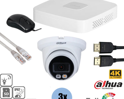Dahua Set 3x Turret 8MP 4K Full-Color + Recorder & Bekabeling