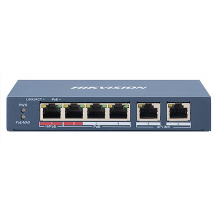 Hikvision DS-3E0106HP-E, 6 Poorts, 1x High PoE, 3x PoE, 2x Uplink