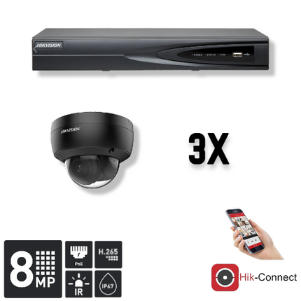 Hikvision Set 3x Dome 8MP + Recorder & Bekabeling